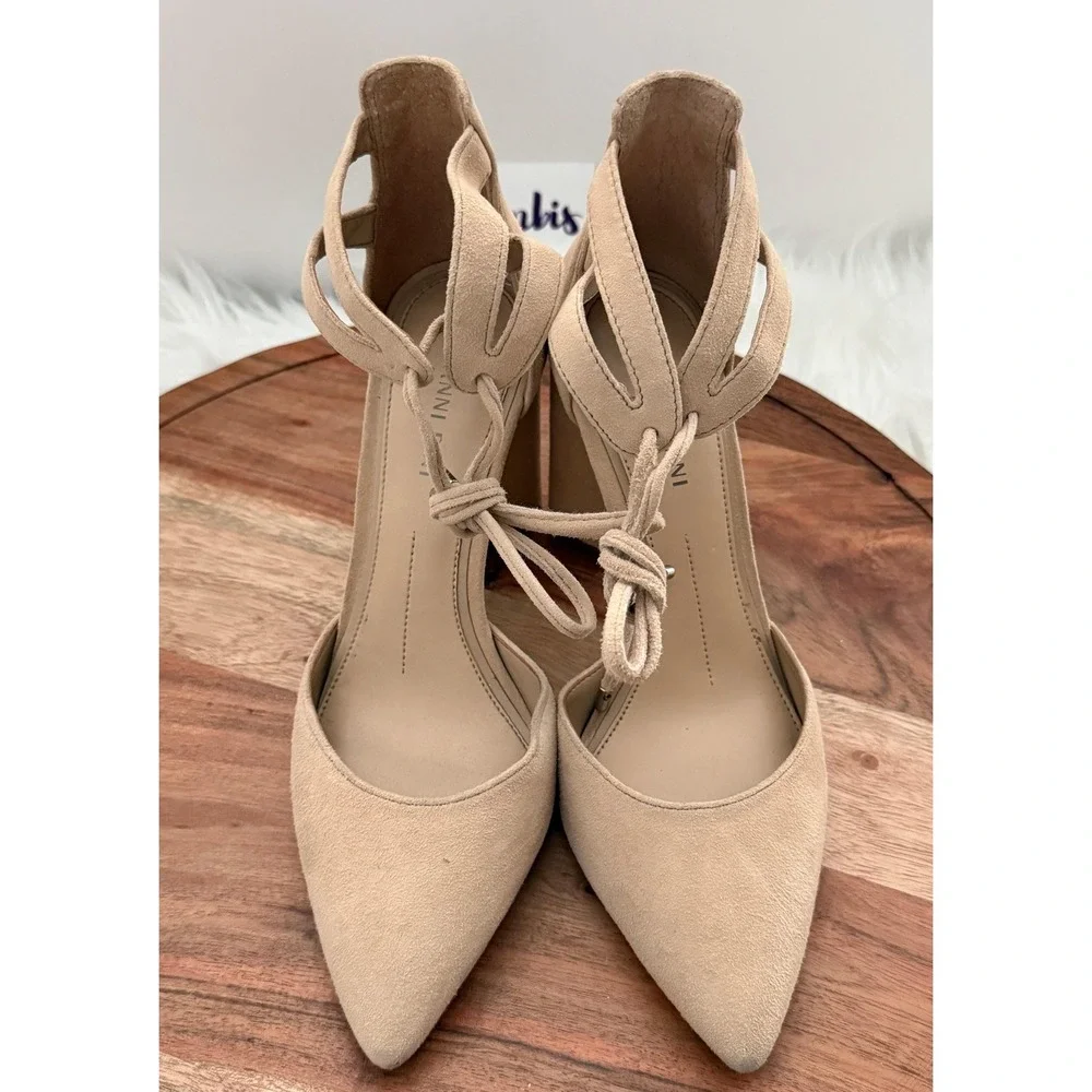 Gianni Bini Bealiina Pumps Womens 7M Tan Excellent Suede Lace Up Block Heel